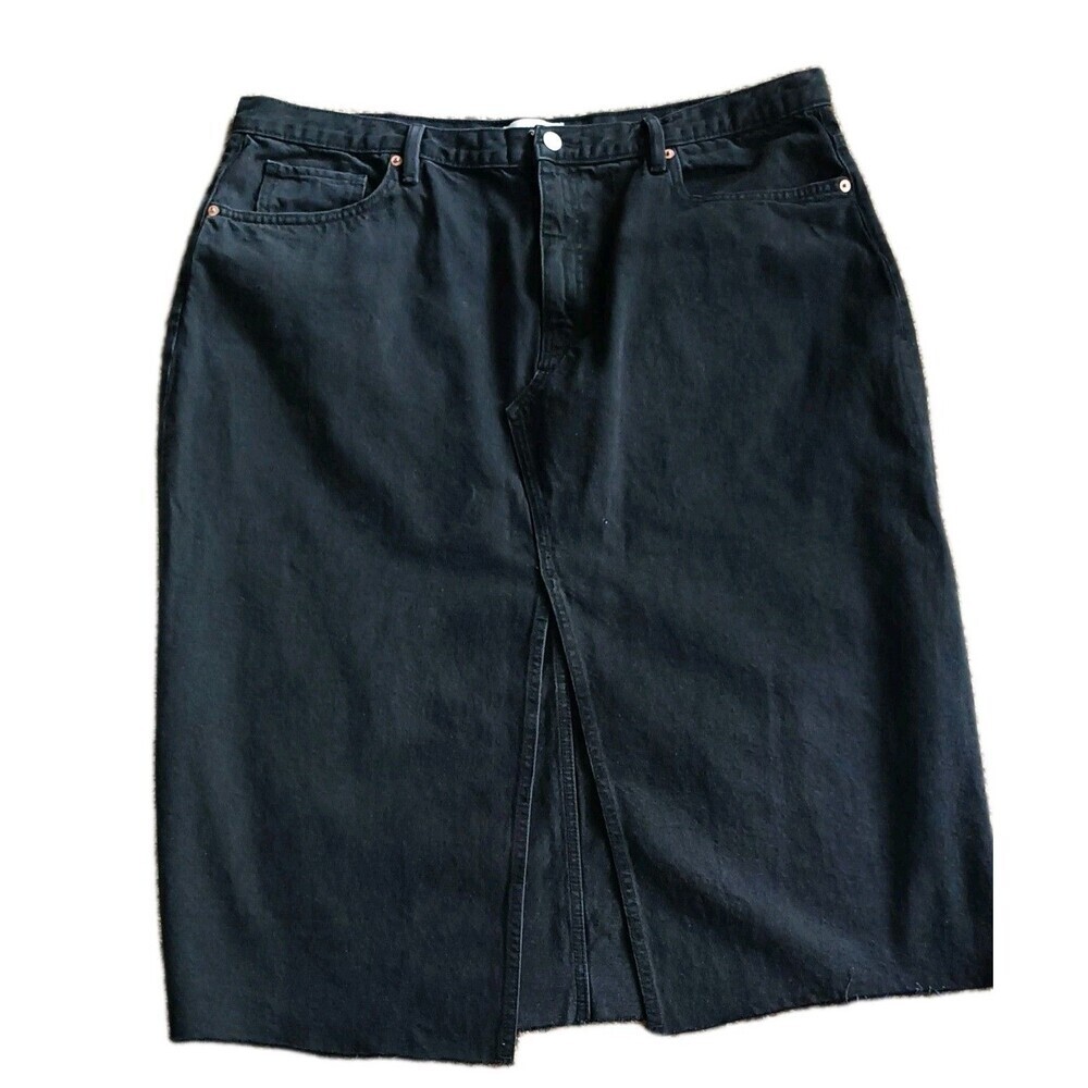 MNG Mango Black Denim Midi Skirt Anais Women Sz 3X Front Slit Jean Straight Y2K